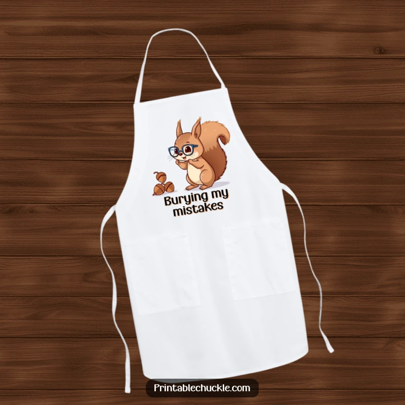 Funny squirrel apron showing a mischievous character with glasses juggling acorns with its tail, perfect for cooking.