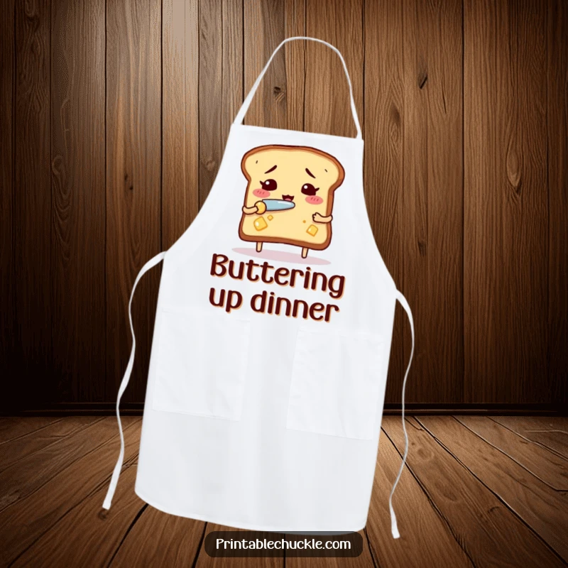 Funny nervous toast apron, depicting a piece of toast nervously buttering itself with a tiny knife, ready for culinary chaos.