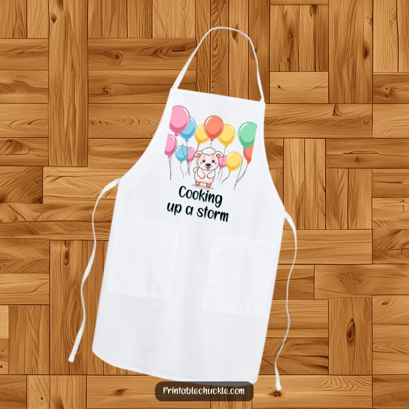 Funny apron depicting a sheepdog attempting to herd balloons, designed for humorous kitchen adventures and canine lovers.