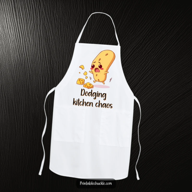 Funny apron with a startled baguette frantically dodging falling cheese, a humorous and practical kitchen accessory.