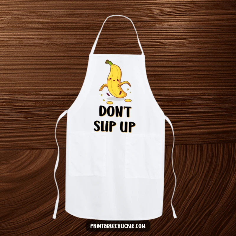 Funny banana peel apron showing a cartoon peel in a dramatic pratfall, adding kitchen humor to cooking.