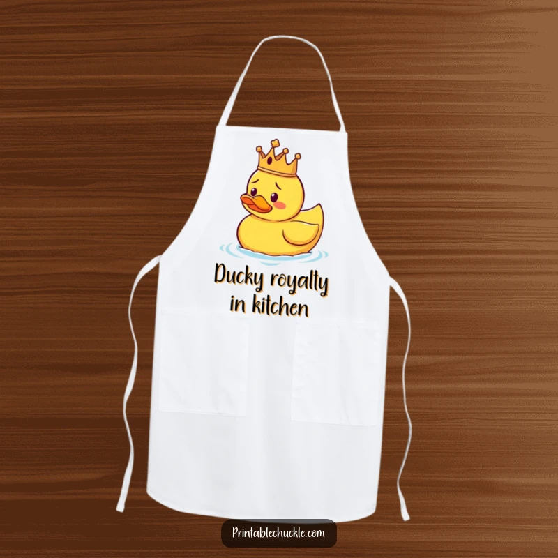 Funny apron depicting a rubber duck wearing a small crown, floating erratically, styled for humorous kitchen adventures.