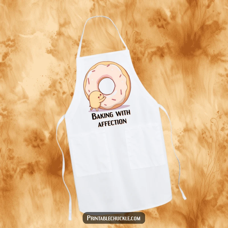 Funny apron depicting a shy donut hugging a giant, smiling doughnut hole, ideal for baking.