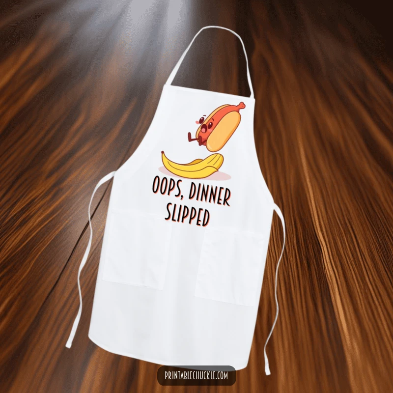 Funny kitchen apron depicting a surprised banana peel causing a walking hot dog to slip, a humorous culinary mishap.