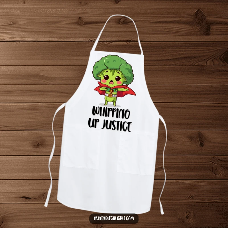 Funny apron depicting a surprised piece of broccoli wearing a superhero cape, adding humor to kitchen tasks, a gift.