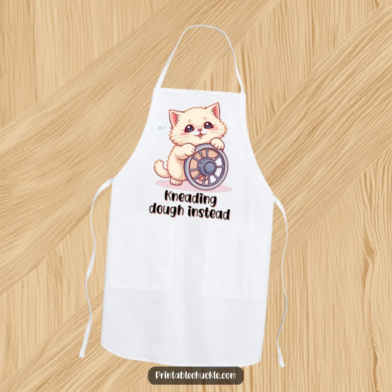 Funny cat apron featuring a fluffy feline hilariously falling over using a tiny ab wheel, perfect for cooking.