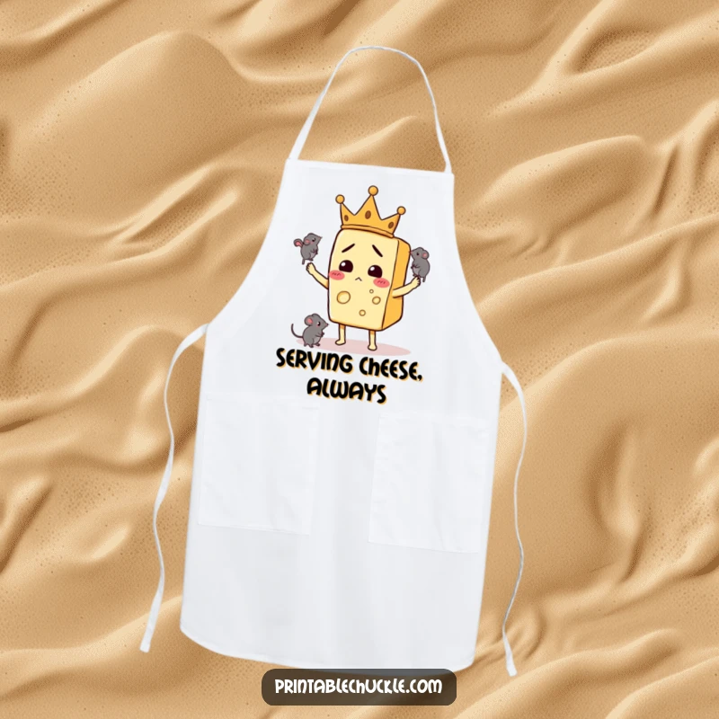 Funny apron featuring a confused cheese slice king juggling mice while wearing a tiny crown, ideal for cooking.