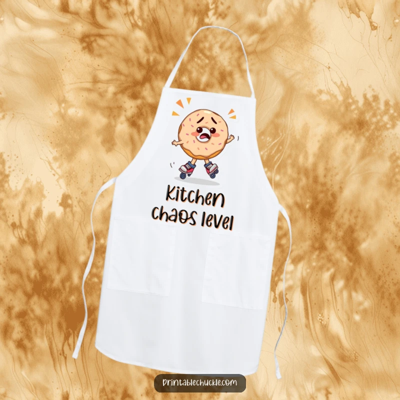 Funny confused donut wearing roller skates, spinning erratically in the kitchen, shown on a funny apron, a practical funny gift.
