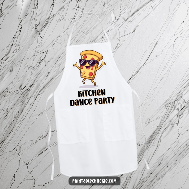 Funny apron depicting a pizza slice wearing sunglasses, breakdancing, perfect for kitchen protection with a fun flair.