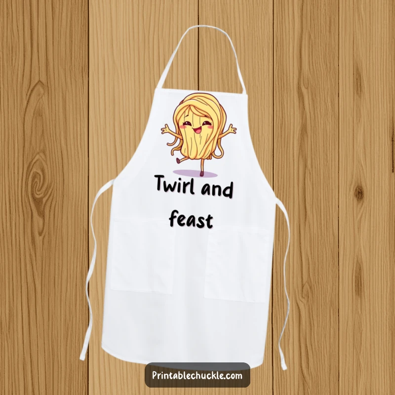 Funny Apron showing a dancing spaghetti noodle with a mischievous grin, perfect for adding humor to culinary adventures.
