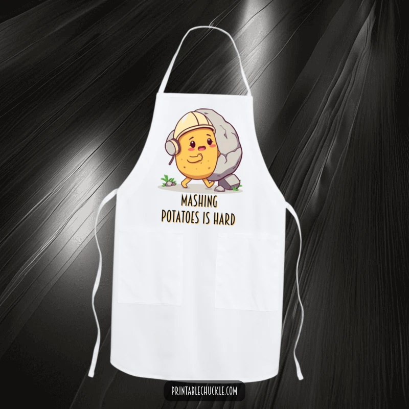 Funny determined potato wearing a tiny helmet, pushing a gigantic boulder, on a kitchen apron, a humorous and powerful funny gift.