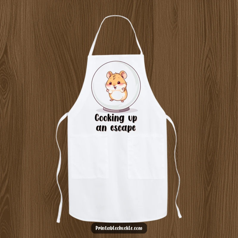 Funny apron showing a hamster plotting its escape from a giant hamster ball, ideal for kitchen antics and humor.