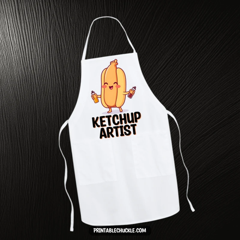 Funny hot dog apron, a smiling wiener masterfully juggling small bottles of ketchup and mustard while cooking.