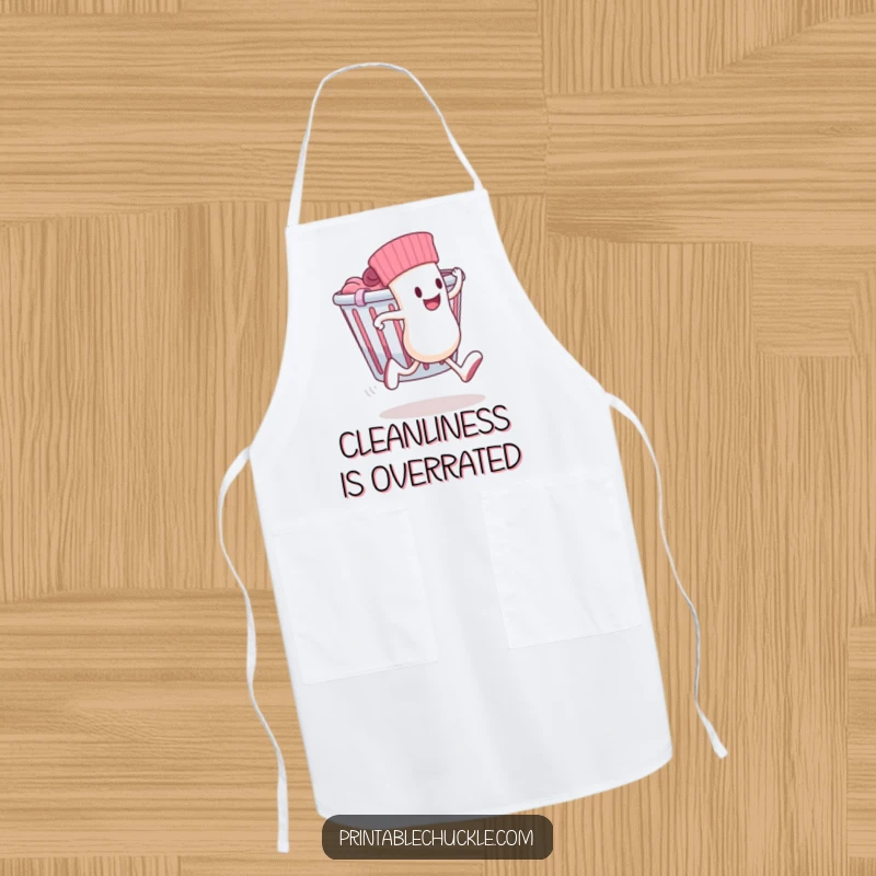 Funny apron depicting a sock with legs running away from a laundry basket, ideal for kitchen use.