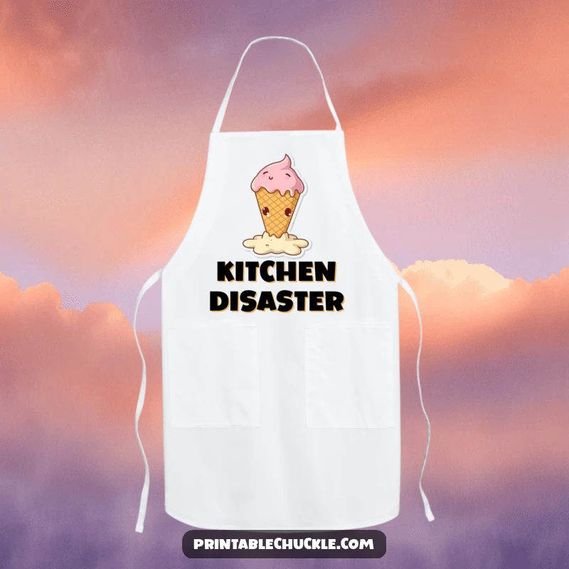 Funny apron featuring a melting ice cream cone in a dramatic, hilarious fall, perfect for kitchen fun.