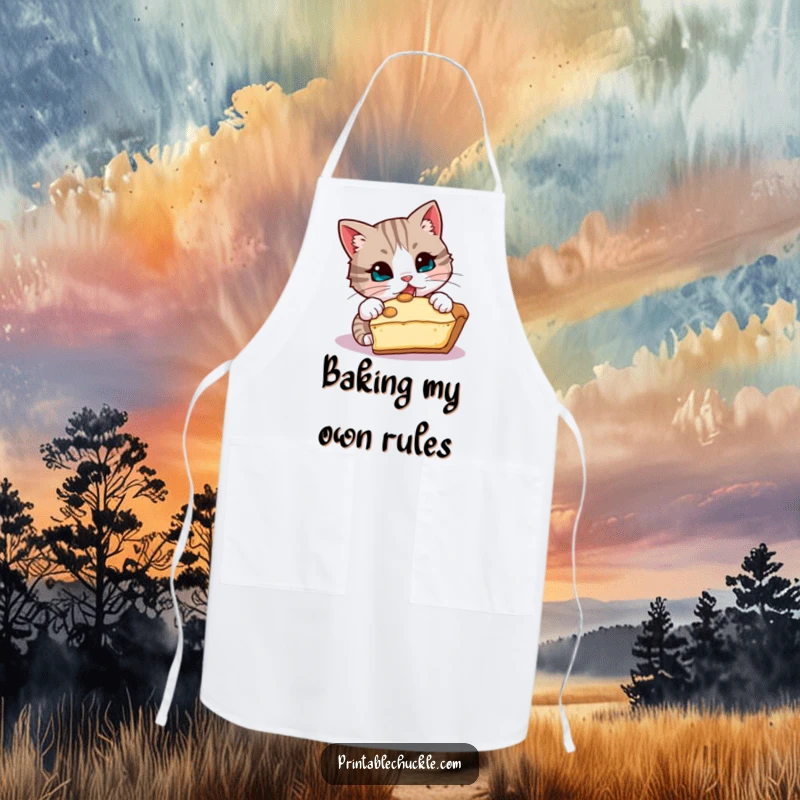 Funny apron showing a mischievous cat attempting to steal a slice of pie, perfect funny gift for bakers.