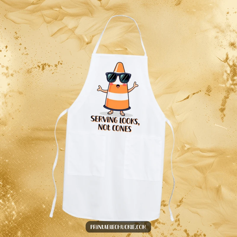 Funny apron showcasing a bewildered traffic cone in sunglasses attempting to salsa, perfect for kitchen fun.