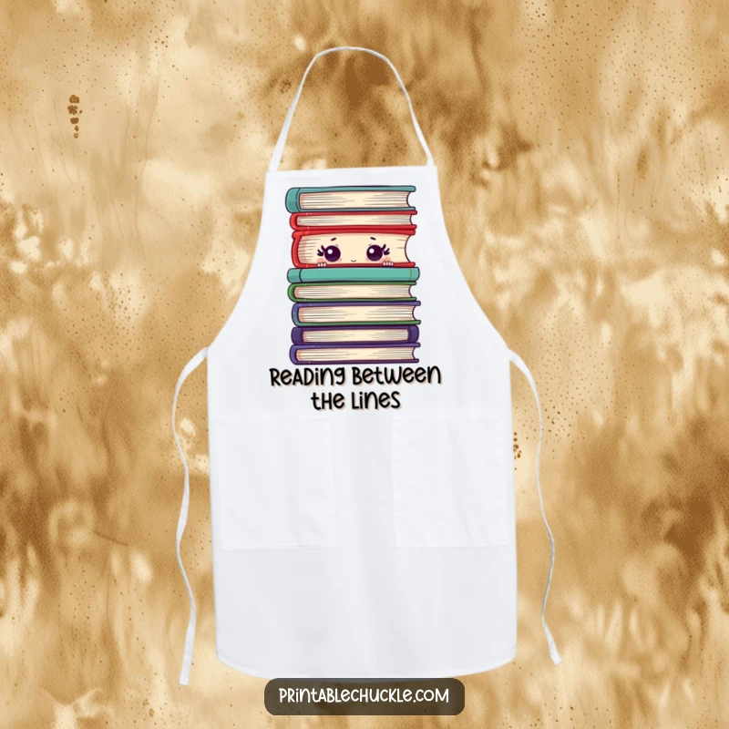 Funny apron with a shy book peeking from behind culinary books, adding a touch of bashful humor to cooking.
