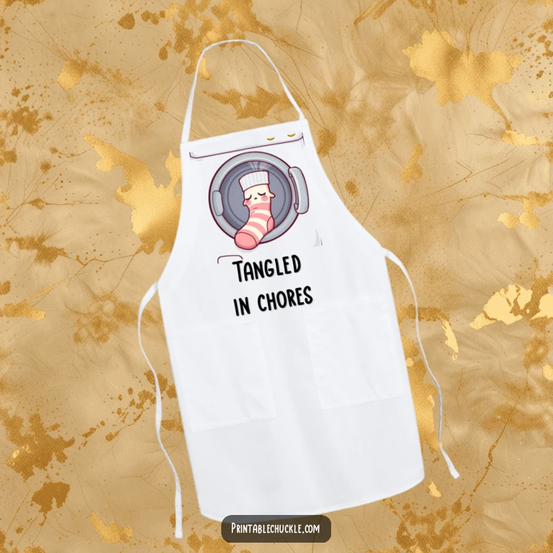 Funny apron with a sleepy sock being pulled into a dryer by an unseen force, perfect for humorous chores.