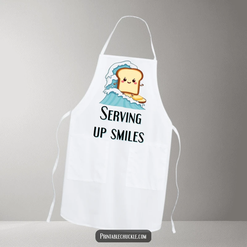 Funny apron showcasing a happy toast surfing a giant butter wave, perfect funny gift for bakers.