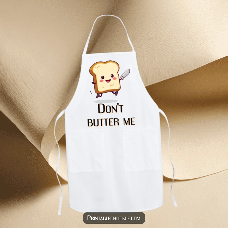 Funny Toast Running Butter Knife Apron: A piece of toast with legs frantically runs from a butter knife, adding humor to kitchen tasks.