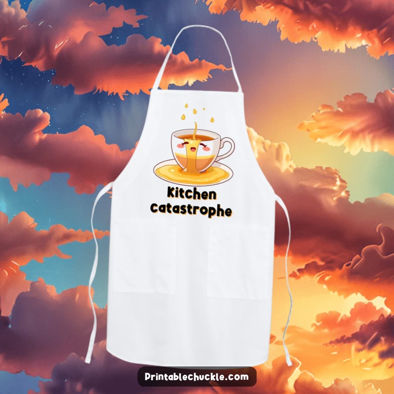 Funny apron print of a bewildered teacup struggling with a waterfall of spilled tea while cooking.
