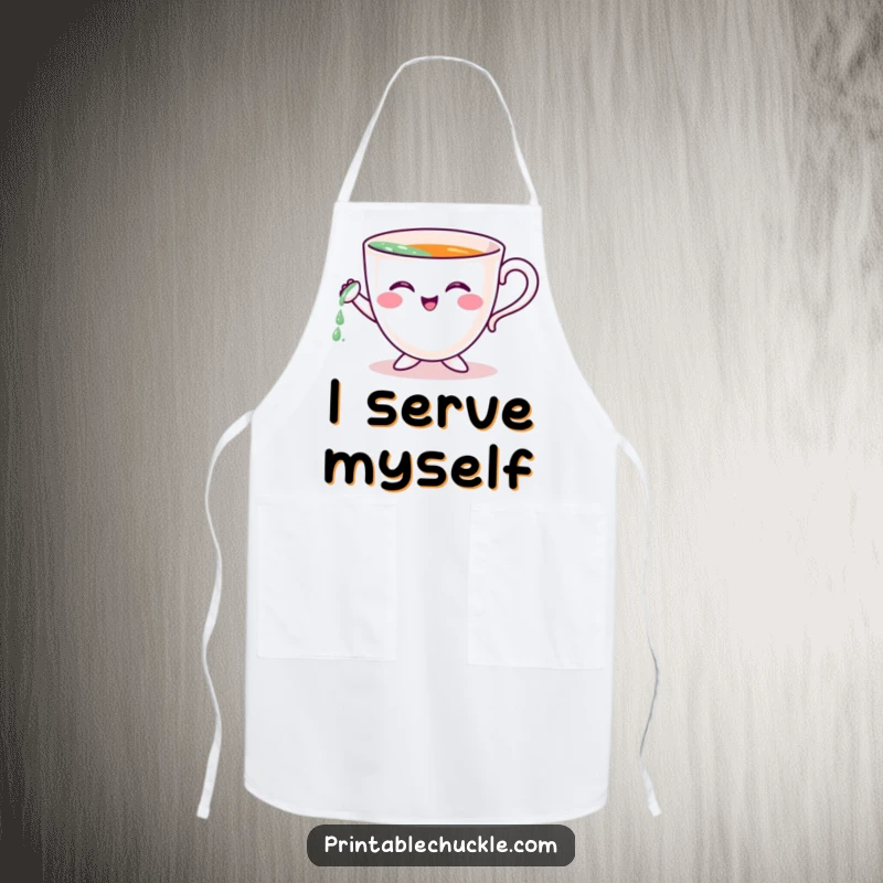 Funny apron featuring a cheerful teacup character comically attempting to pour itself, ideal for kitchen fun.