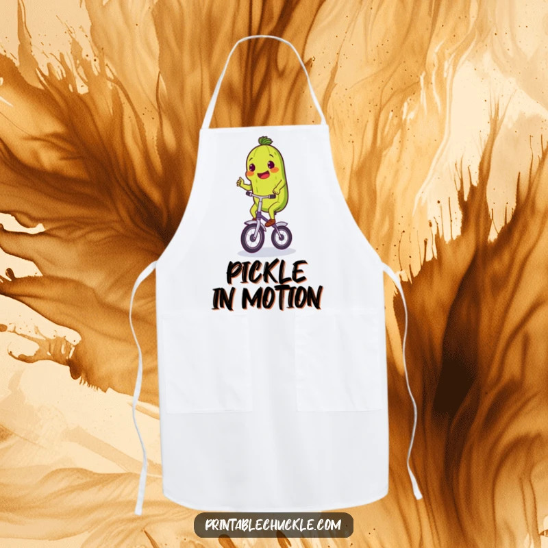 Funny apron with a determined pickle riding a unicycle, perfect for kitchen protection and adding humor.