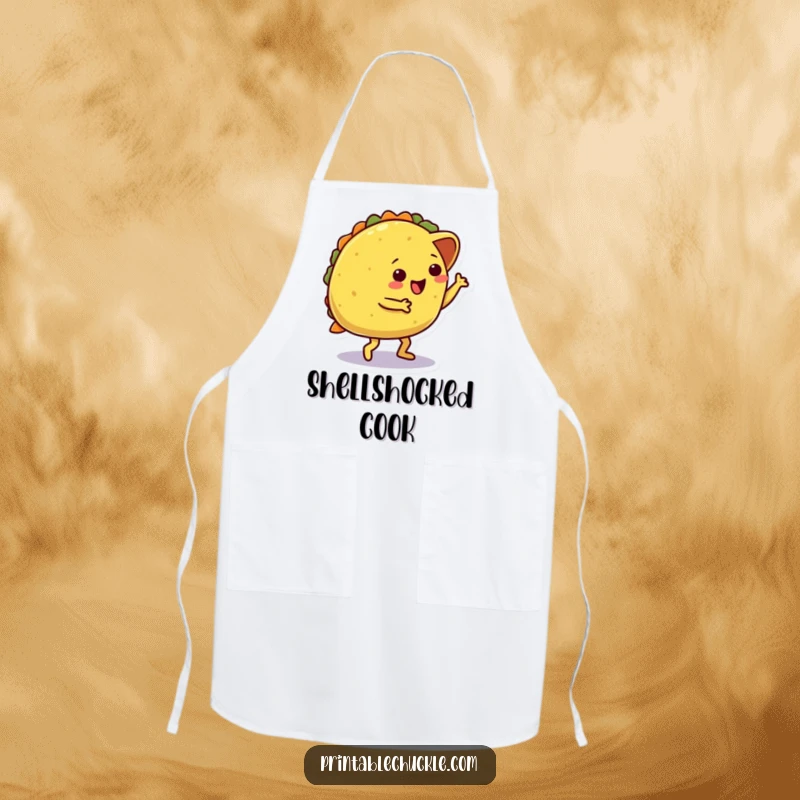Funny apron depicting a dancing taco character hilariously tripping over its own shell, adding a humorous element to kitchen activities.