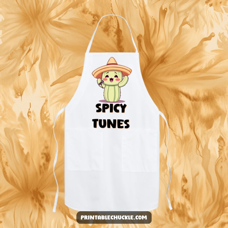 Funny apron featuring a cactus in a tiny sombrero singing, perfect for kitchen fun and musical cooks.