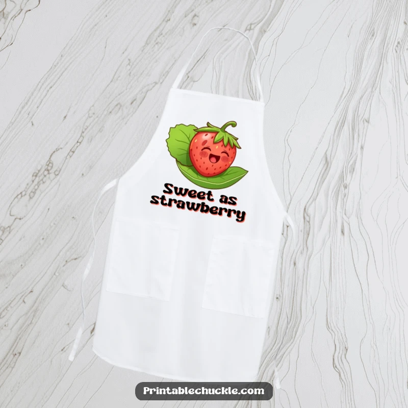 Funny apron showcasing a delighted strawberry happily floating on its leaf, designed for kitchen fun and protecting clothes with charm.