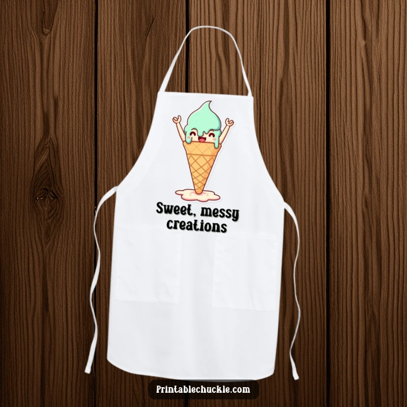 Funny apron with a triumphant melted ice cream cone, perfect for sweet kitchen adventures and baking.