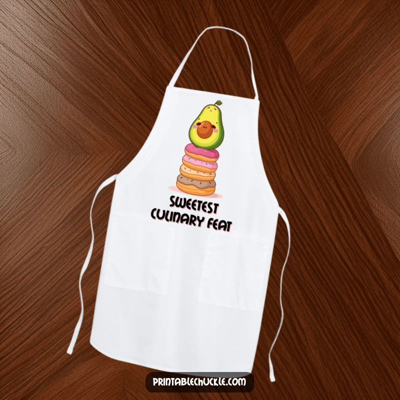Funny apron depicting a determined avocado balancing on a wobbly stack of donuts, ready for kitchen adventures with humor.