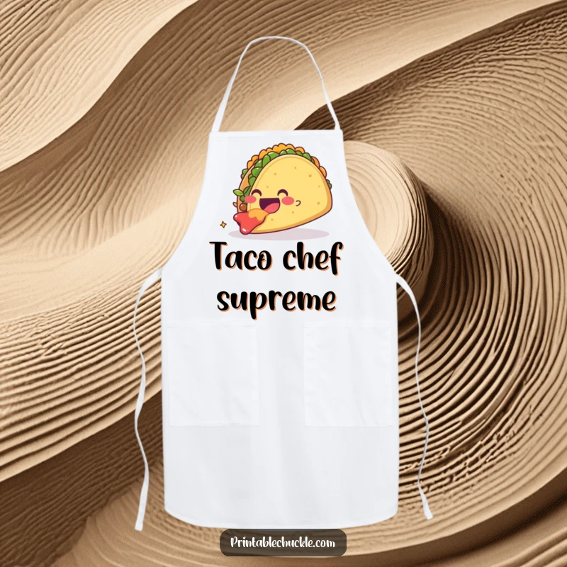 Funny smiling taco character gleefully eating a massive taco, ideal for kitchen protection. A practical and funny chef apron.