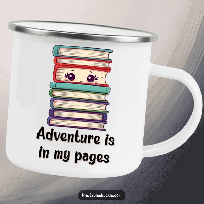 Funny camping mug featuring a shy book peeking from behind a stack, perfect for cozy outdoor reading sessions.