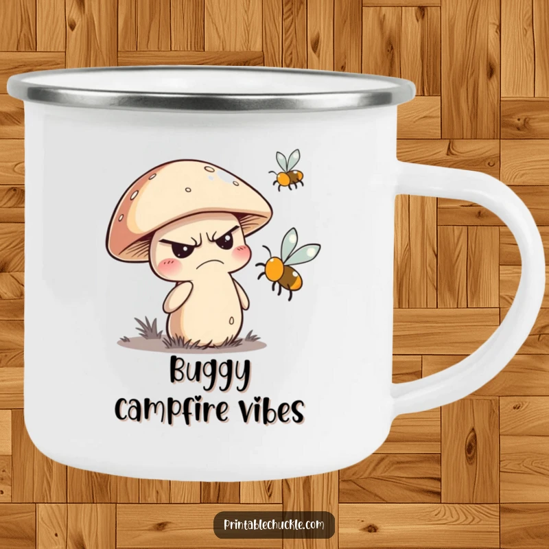 Funny enamel camping mug showing a grumpy mushroom character swatting at a buzzing fly, ready for outdoor amusement.