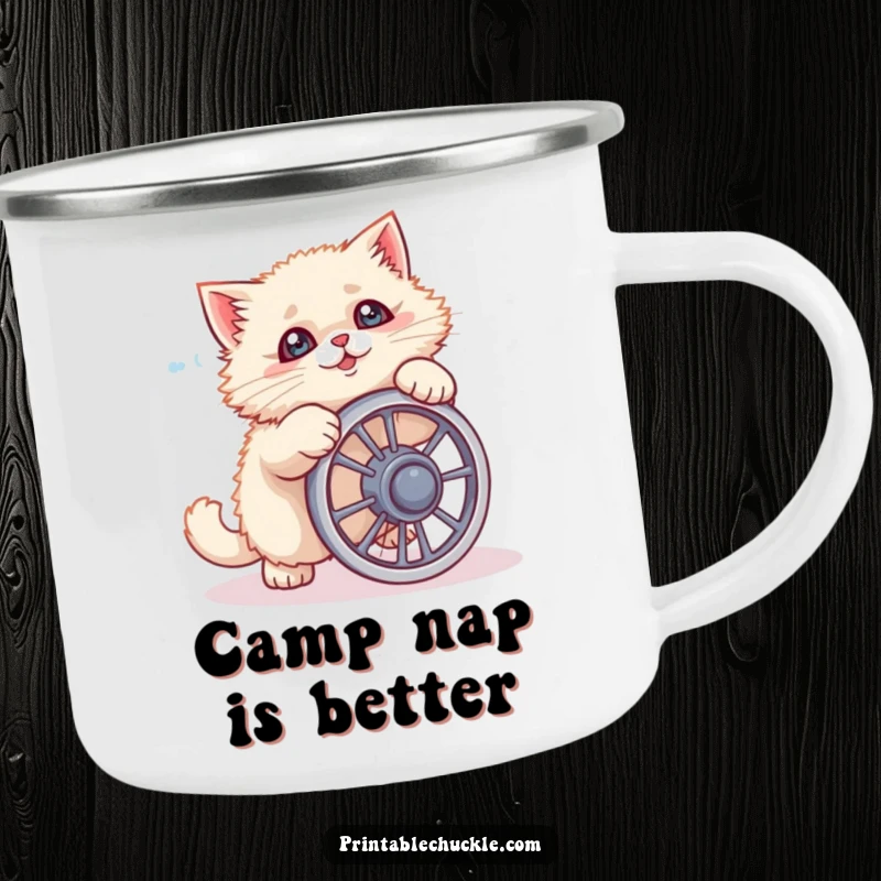 Funny cat camping mug featuring a fluffy feline hilariously failing with a tiny ab wheel, great for outdoor drinks.
