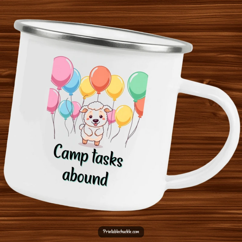 Funny camping mug with a determined sheepdog trying to herd balloons, built for rugged adventures and humorous enjoyment.