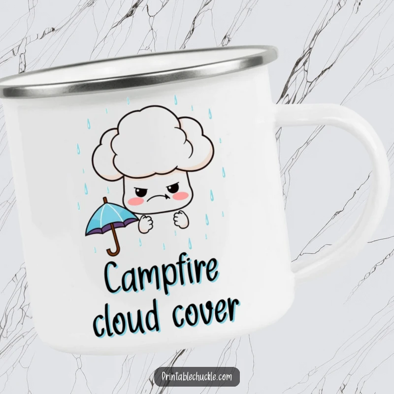 Funny, sturdy camping mug showcasing a grumpy cloud raining tiny umbrellas, ideal for rugged adventures with a humorous twist.