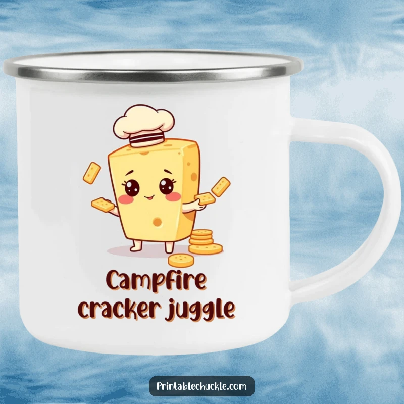 Funny enamel camping mug showing a cheese character in a chef hat, juggling crackers, ready for outdoor fun.