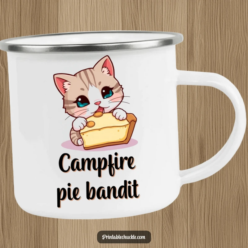 Funny camping mug with a mischievous cat trying to steal a slice of pie, durable funny gift.