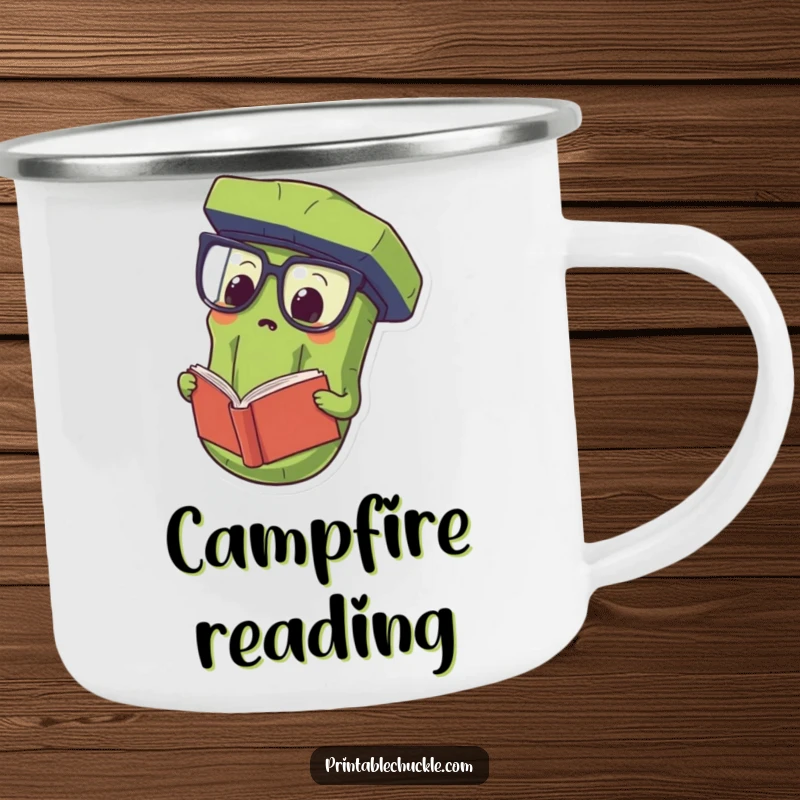 Funny Camping Mug featuring a proud pickle wearing oversized spectacles and reading a book upside down, perfect for outdoor reading.