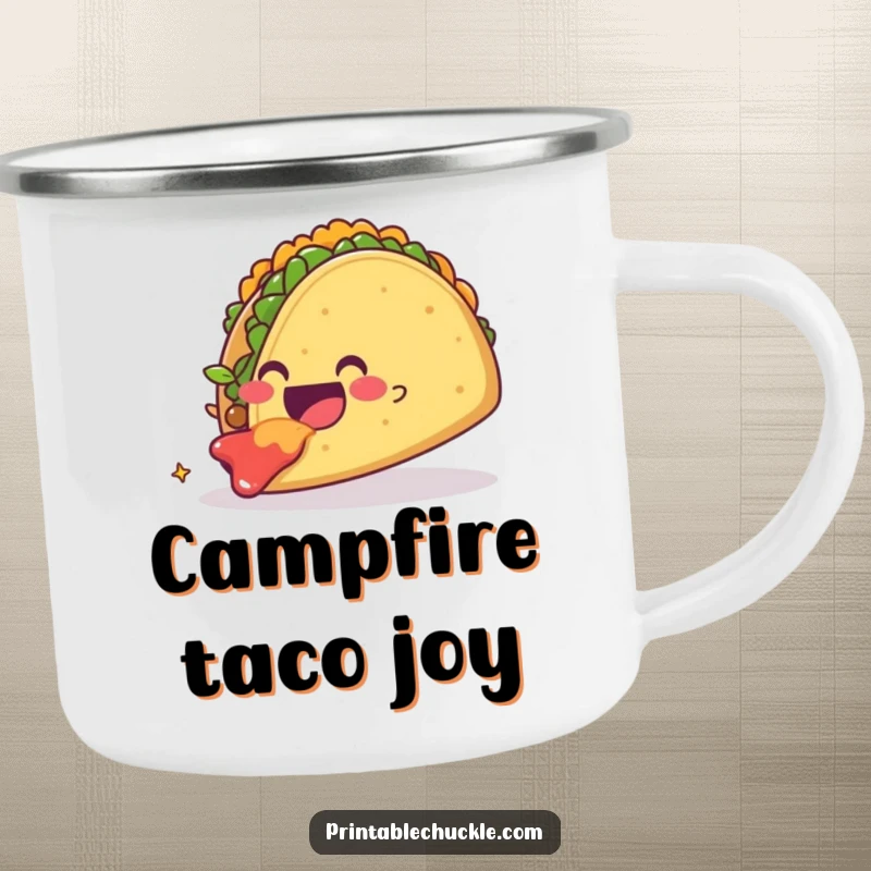 Funny smiling taco character gleefully eating a giant taco, perfect for outdoor use. A durable and funny camping mug.