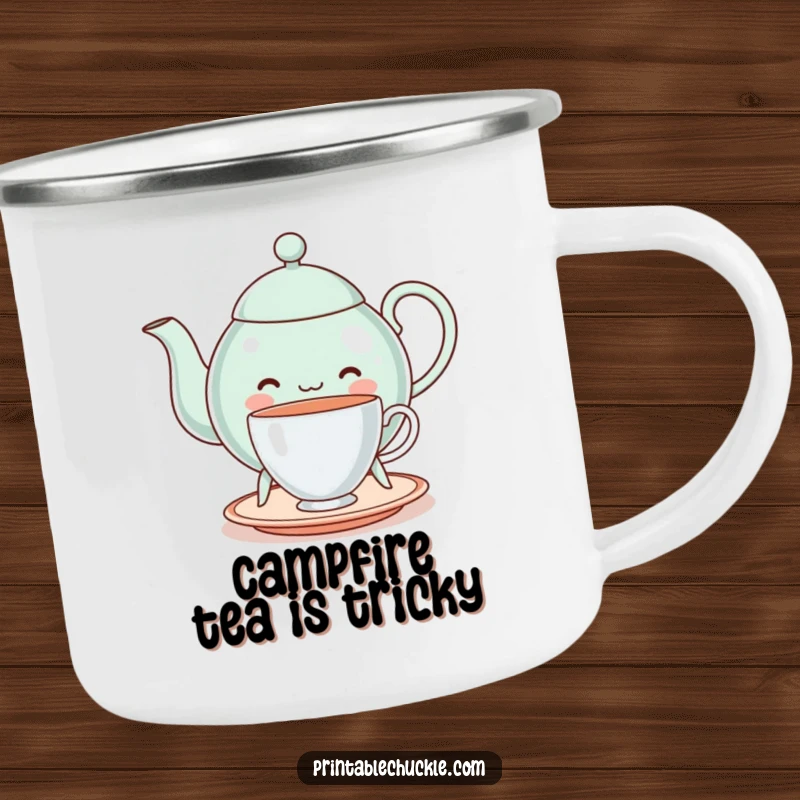 Funny cheerful teapot on legs, struggling to balance a teacup, on an enamel camping mug, bringing whimsical humor, a funny gift.