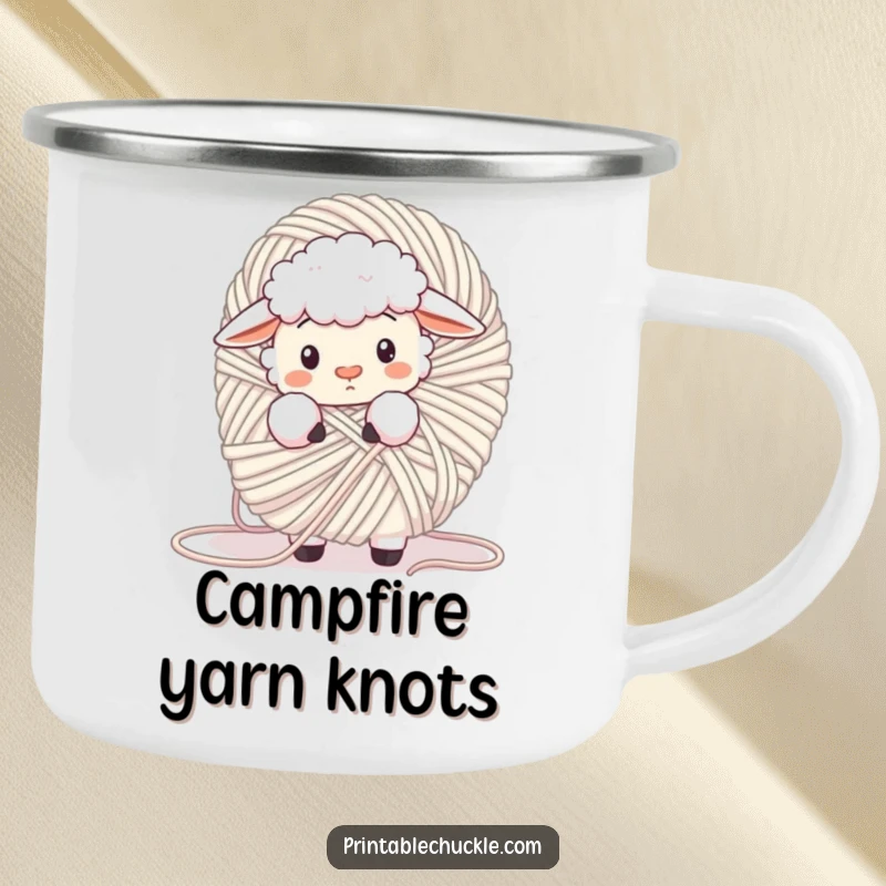 Funny fluffy sheep tangled in a giant ball of yarn, looking confused on an enamel camping mug, a humorous outdoor companion.