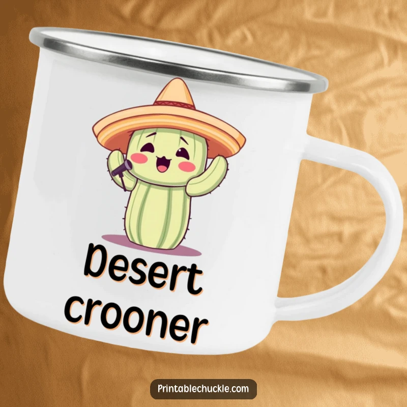 Funny enamel camping mug with a singing cactus wearing a sombrero, perfect for outdoor musical fun.