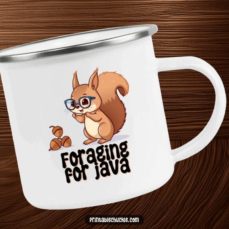 Funny squirrel camping mug with a mischievous character wearing glasses, juggling acorns with its tail, great for drinks.
