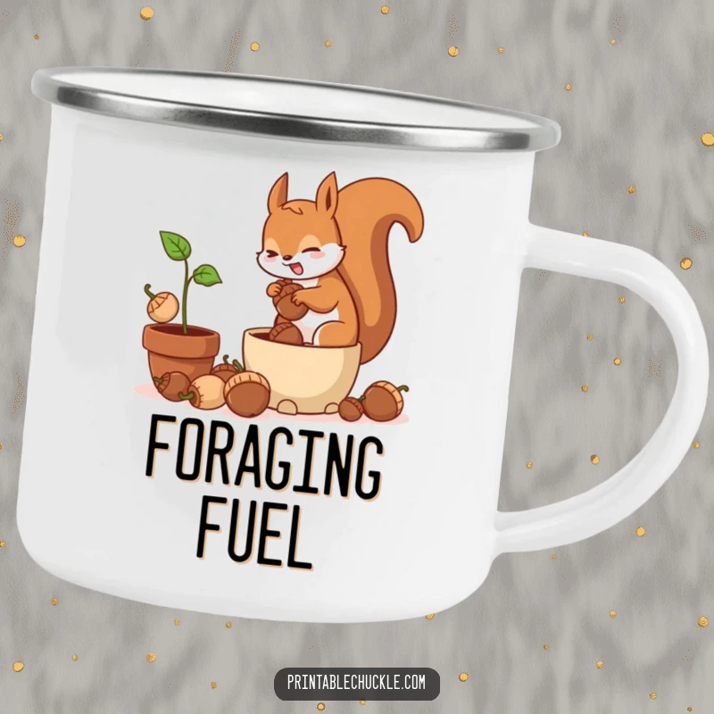 Funny camping mug featuring a frantic squirrel hilariously burying acorns in a potted plant, perfect for outdoor humor.