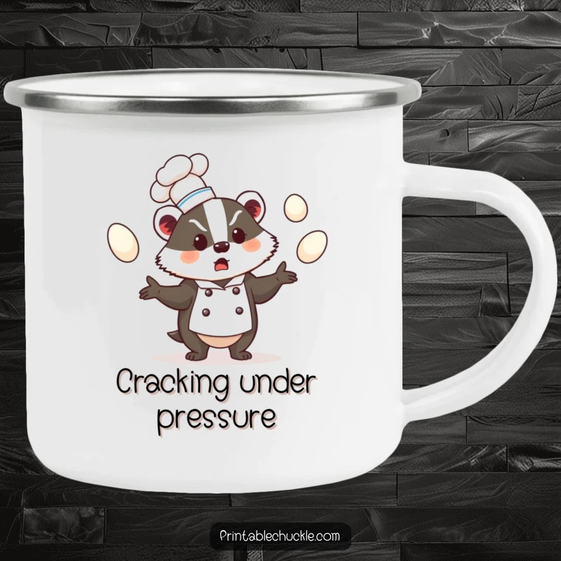 Funny camping mug with a bewildered badger chef juggling eggs, durable funny gift for outdoors.
