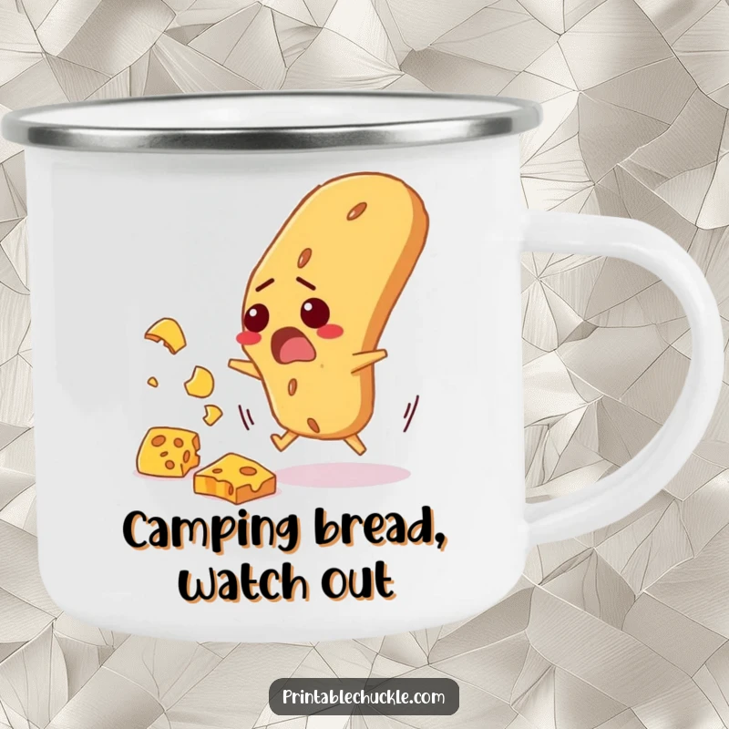 Funny camping mug featuring a startled baguette comically dodging falling cheese, ideal for outdoor food enthusiasts.